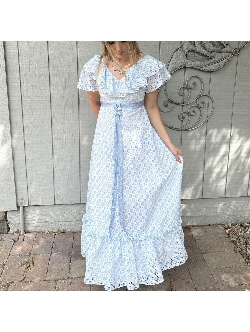 70s Light Blue Prairie Dress Floral Formal Garden Wedding Fairy Cottagecore M